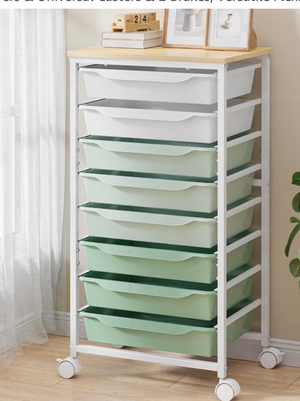 Green Rolling Storage Cart with 8 Drawers
